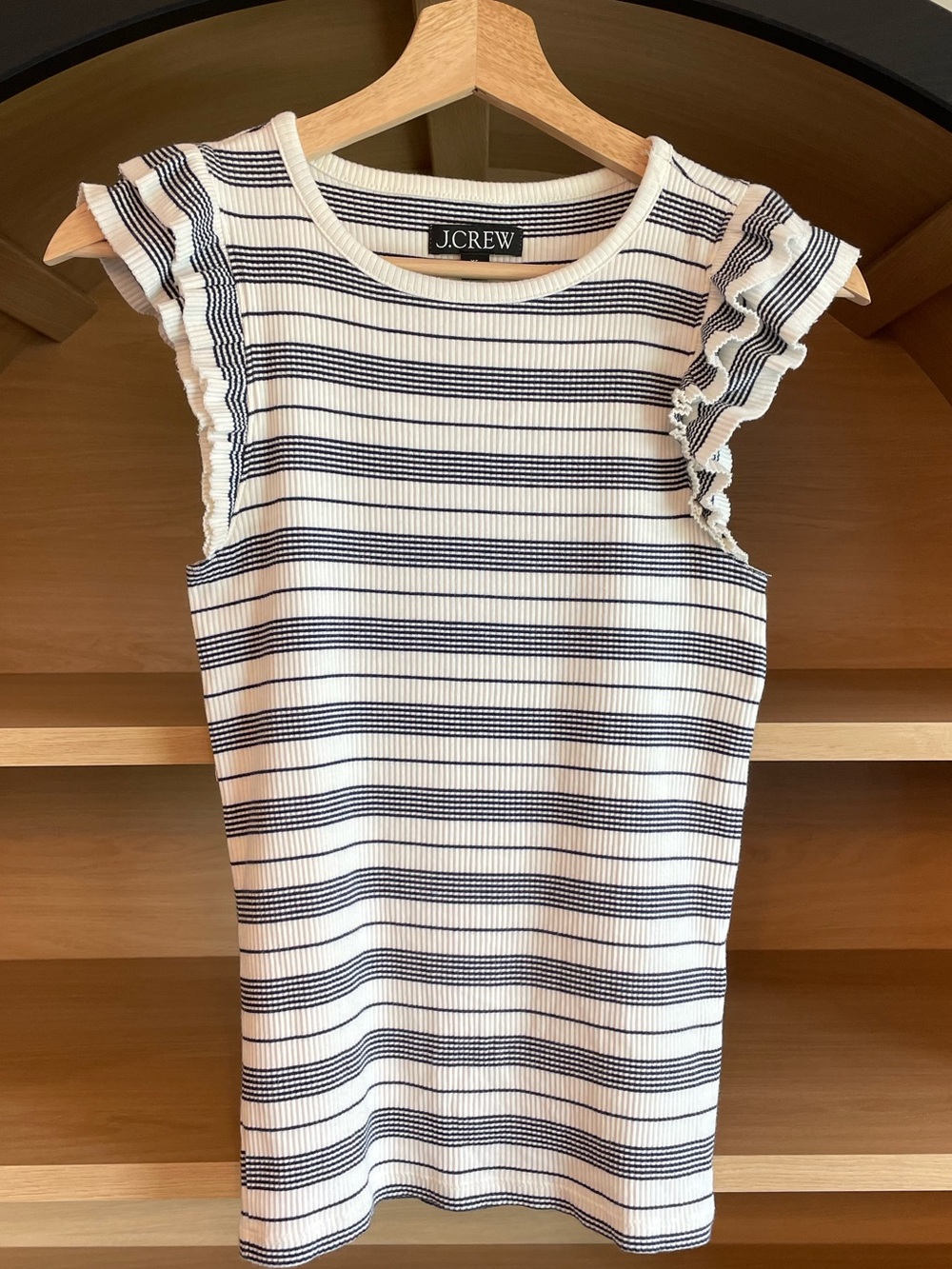 J. Crew Navy Blue and White Striped Vintage Rib Ruffle-Sleeve Shirt XS